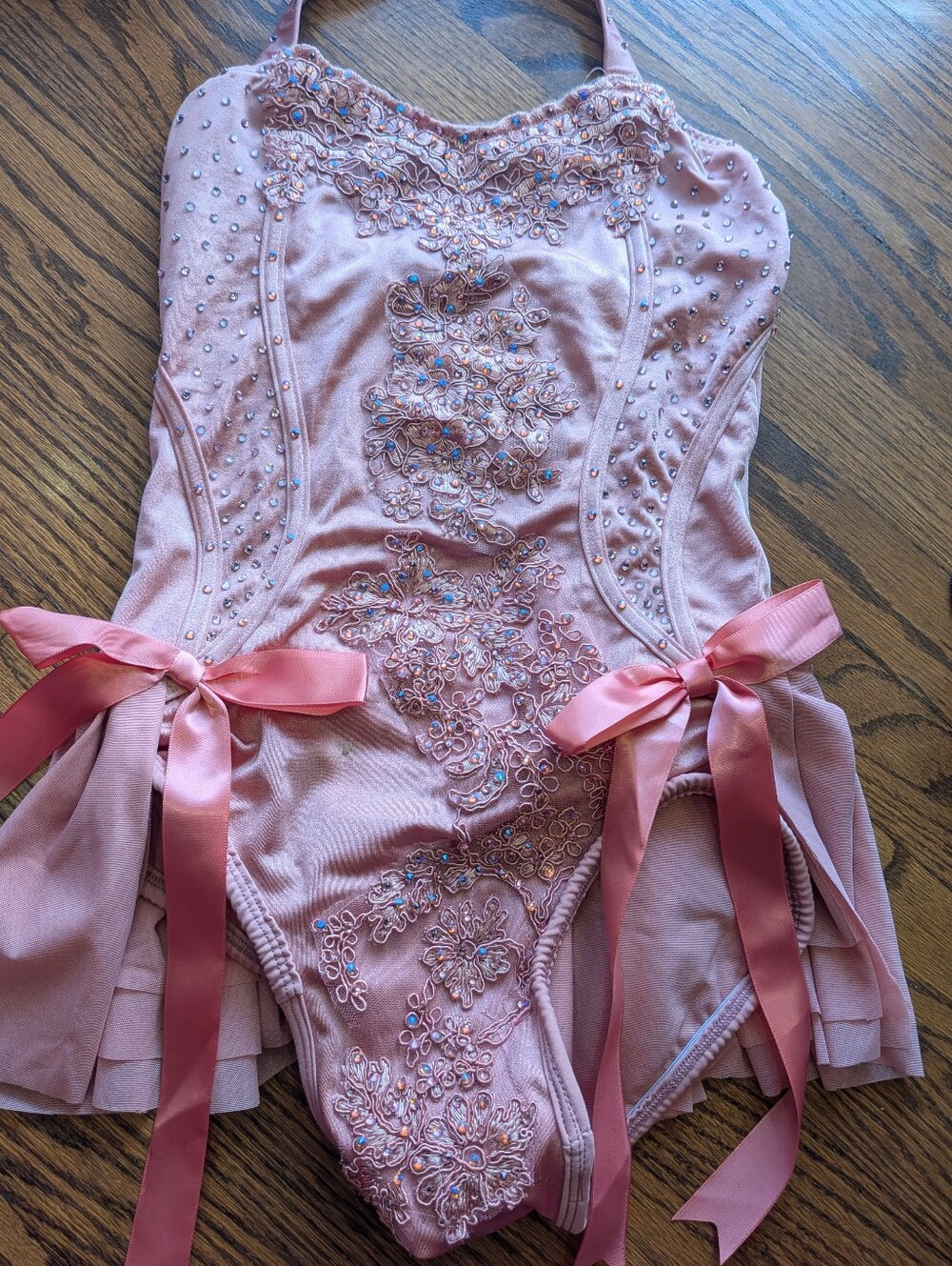 Dance costume- Embellished Pink Satin Bodysuit with Ribbon Ties.
